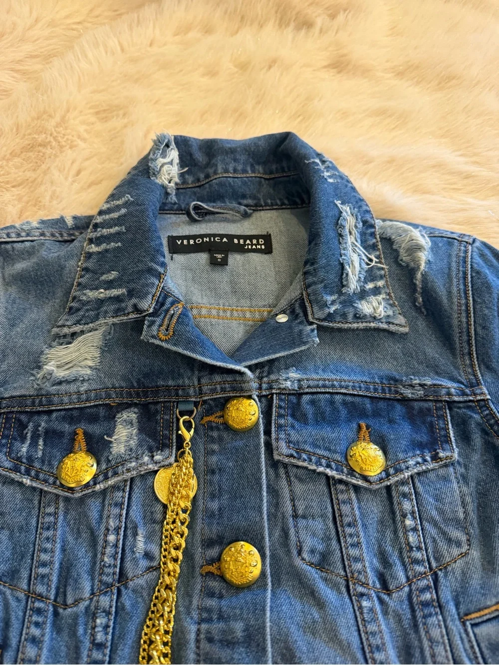 Veronica Beard Distressed Blue Cropped Denim Jacket with Gold Buttons & Chain